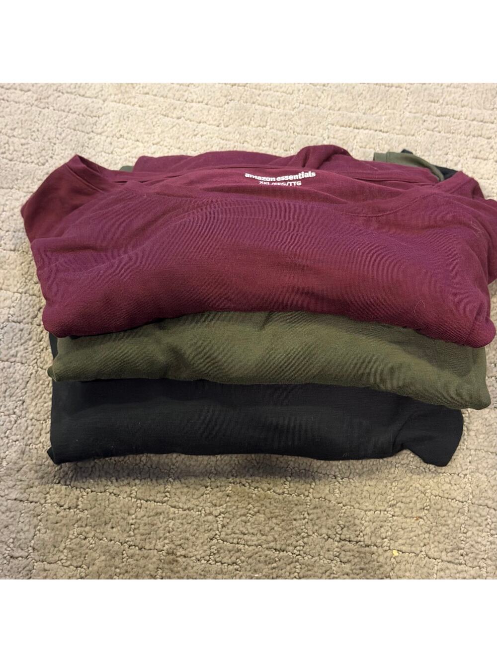 Amazon Essentials Women's Burgundy, Olive, and Black Crewneck Tops - 3-Pack